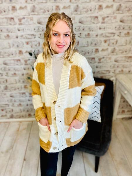 Woman wearing Mustard and Cream Striped Open Cardigan with Buttons and Pockets 