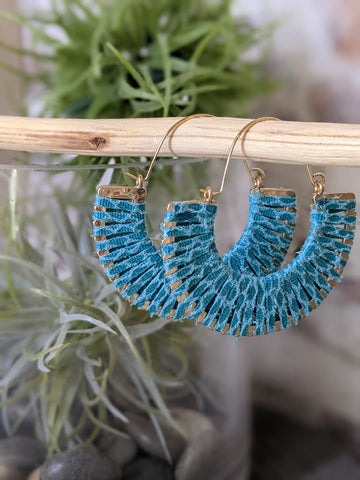 Teal Crescent Leather Wrapped Earrings