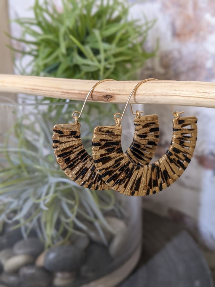 Leopard Crescent Leather Wrapped Earrings